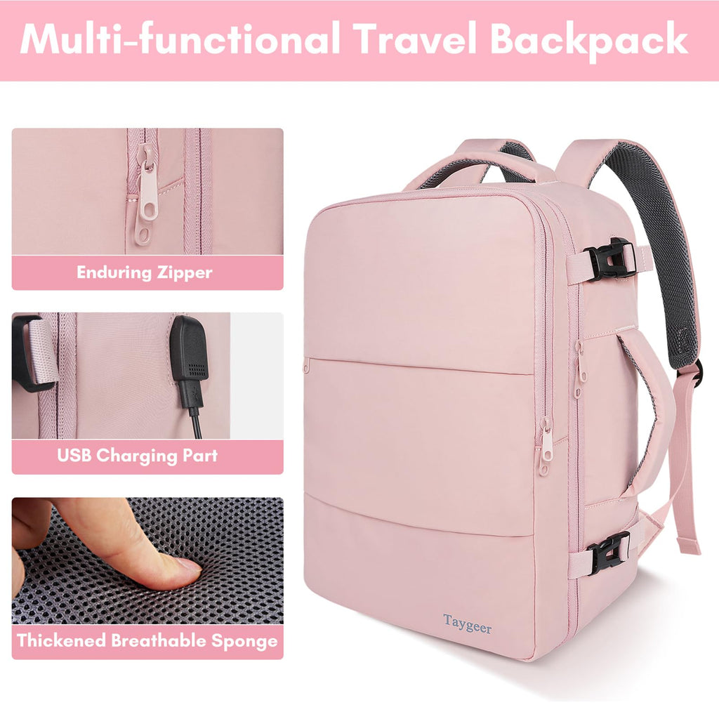 Taygeer Travel Backpack for Women, 15.6" Laptop, Pink